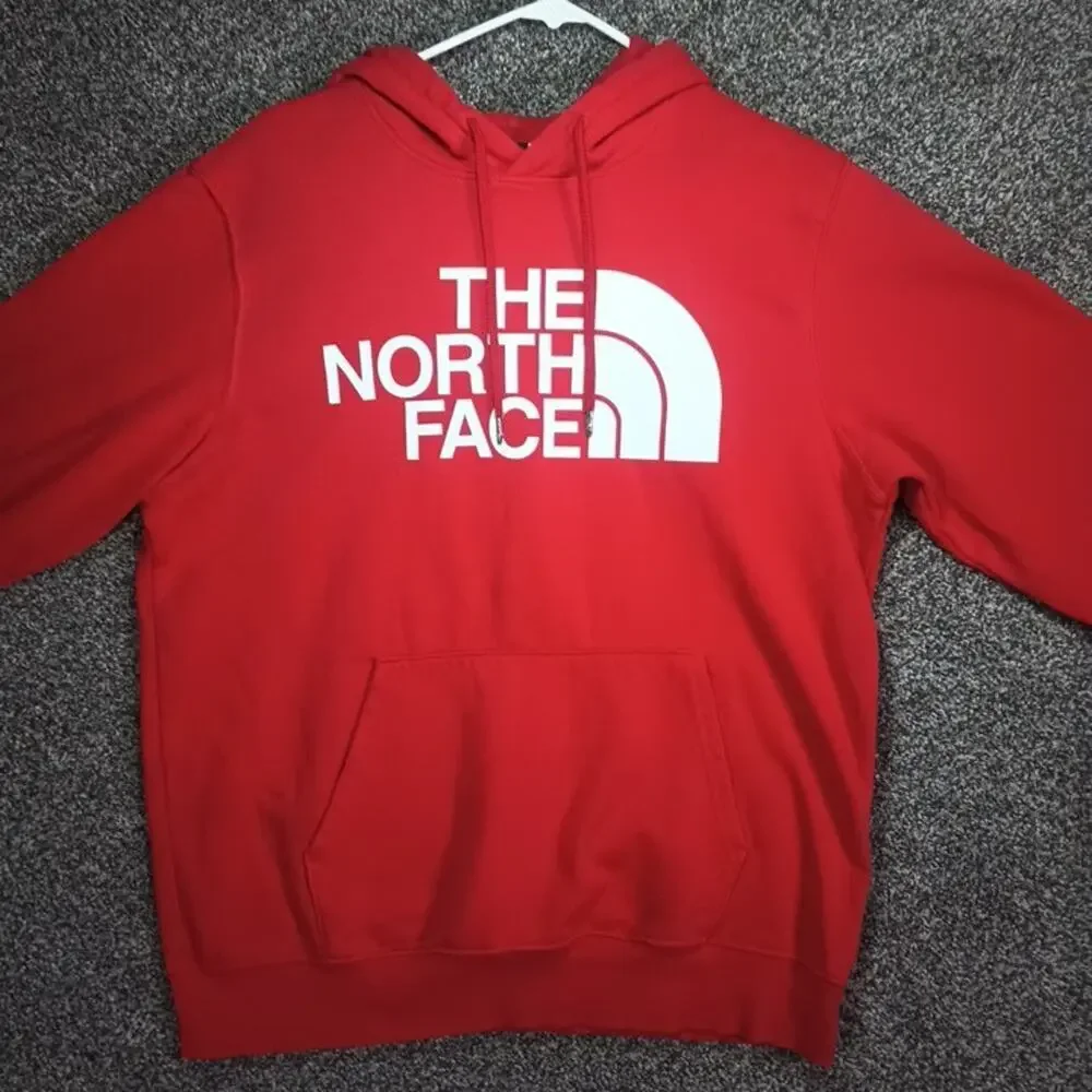 The North Face Red White Big Logo Hoodie Mens Medium Pullover Drawstring Cotton